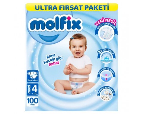 Molfix Bebek Bezi 3D 4 Beden Maxi 7-14 Kg 100Lü Ultra Fırsat Paketi